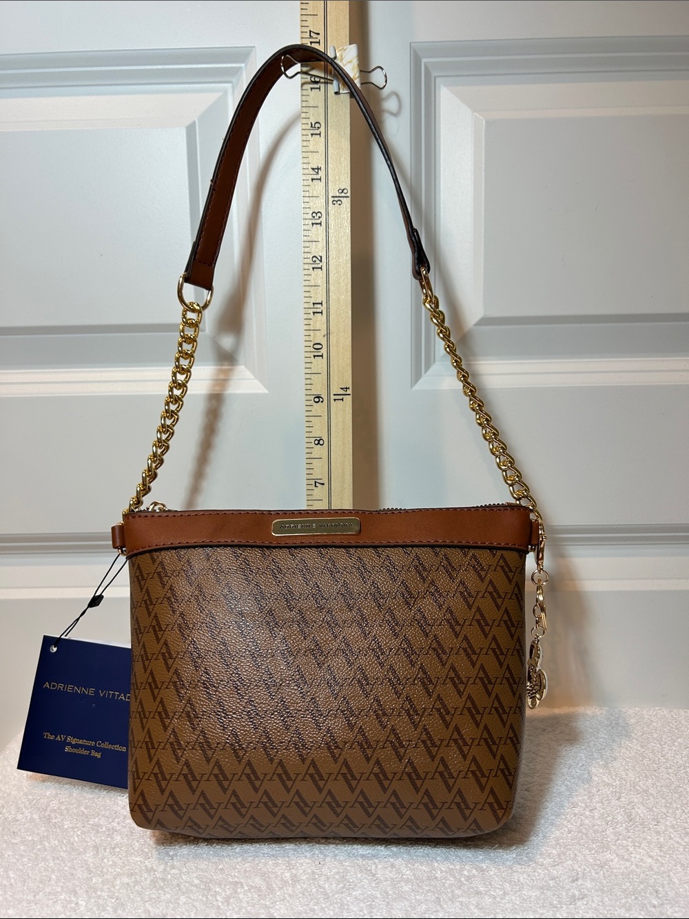 Adrienne Vittadini Camel Brown Monogram Shoulder Bag with Gold Chain